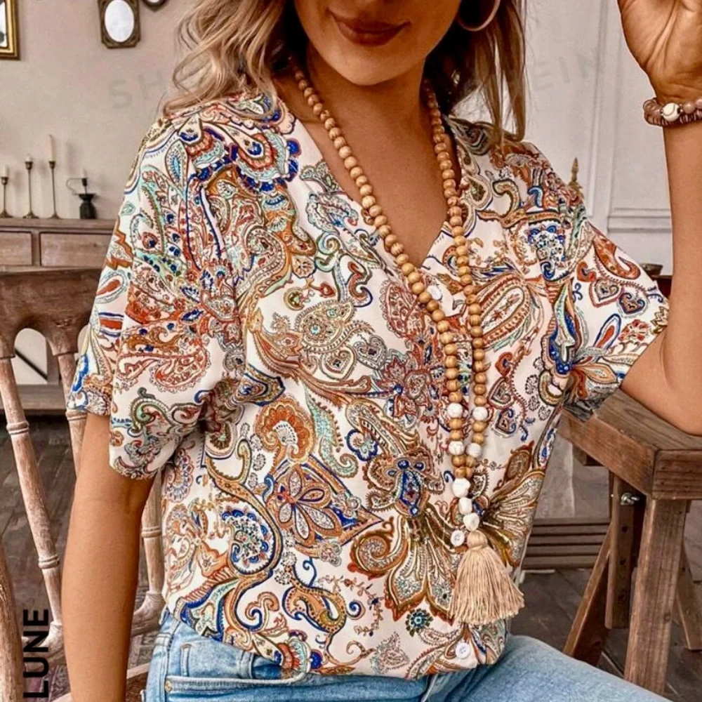 SHEIN LUNE Paisley Printed V-Neck Casual Shirt Size Small - Picture 4 of 7